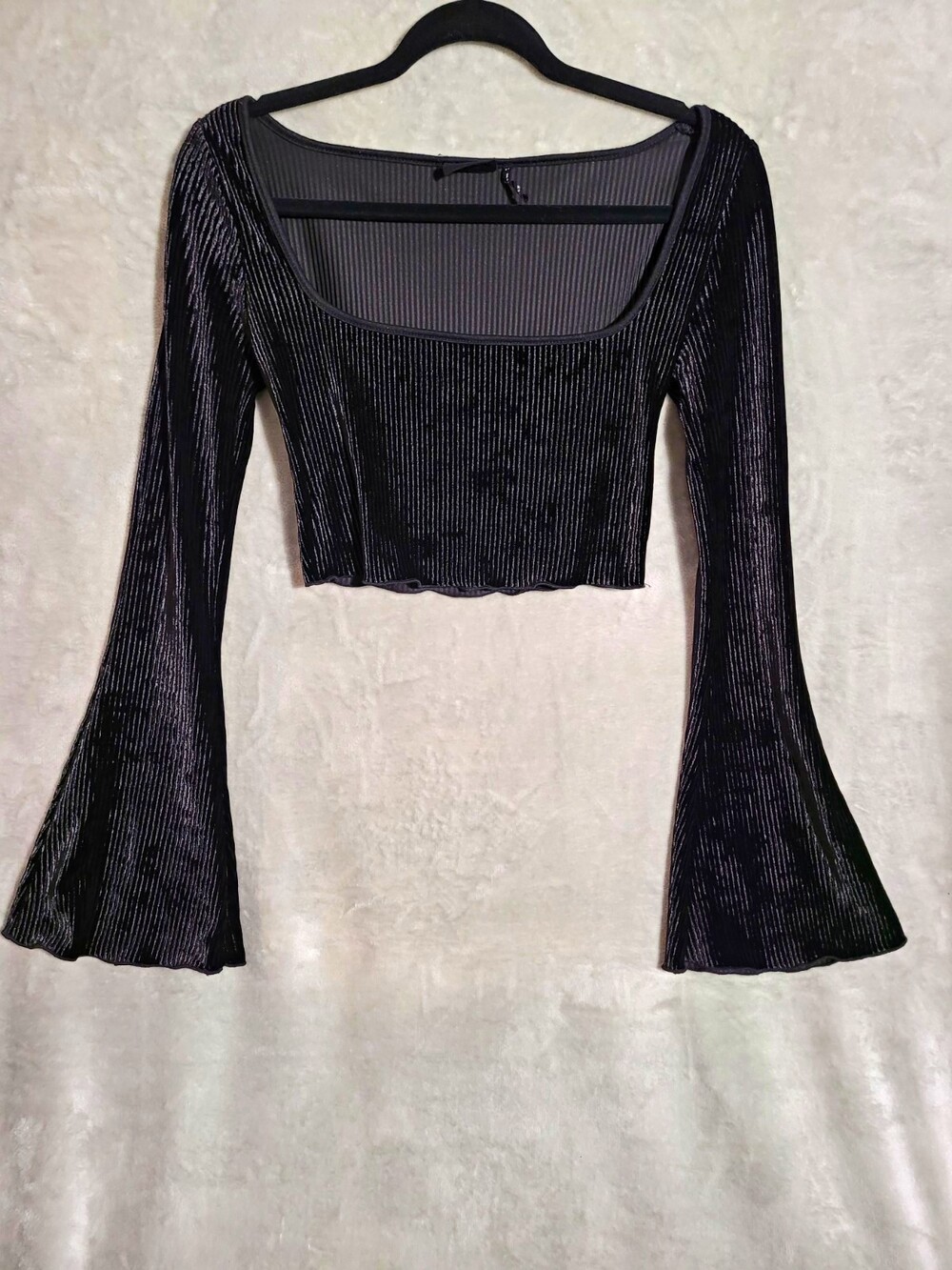 Black Velour/Velvet Ribbed Square Neck Bell Sleeve Out From Under Crop Top Sz S